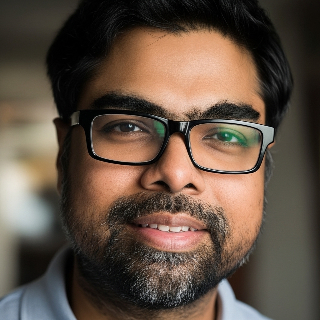 Zulqar Nayen, smiling, in a blue shirt